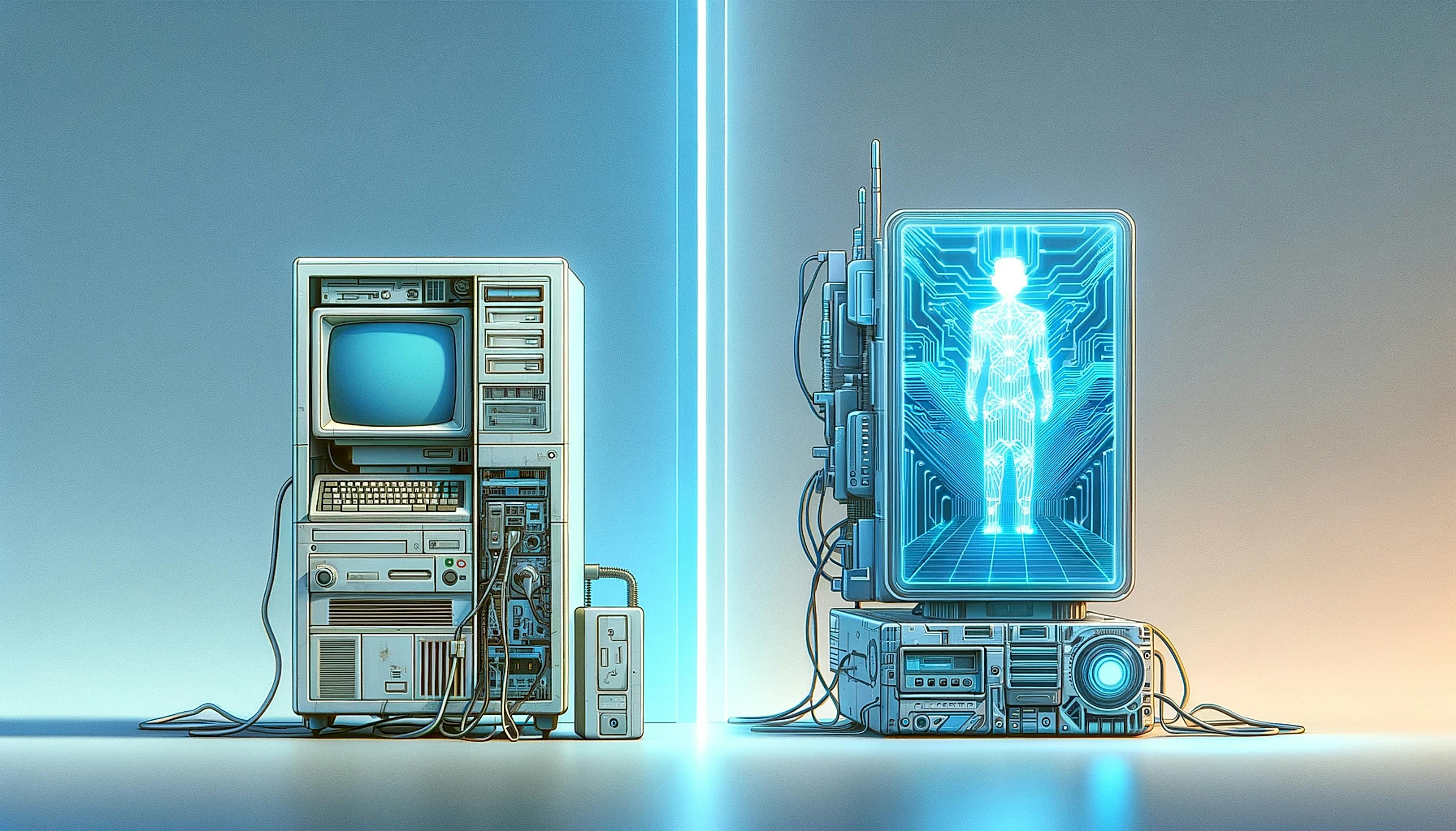 A divided image with an old-fashioned, bulky computer on the left and a sleek, modern AI interface with a holographic display on the right.