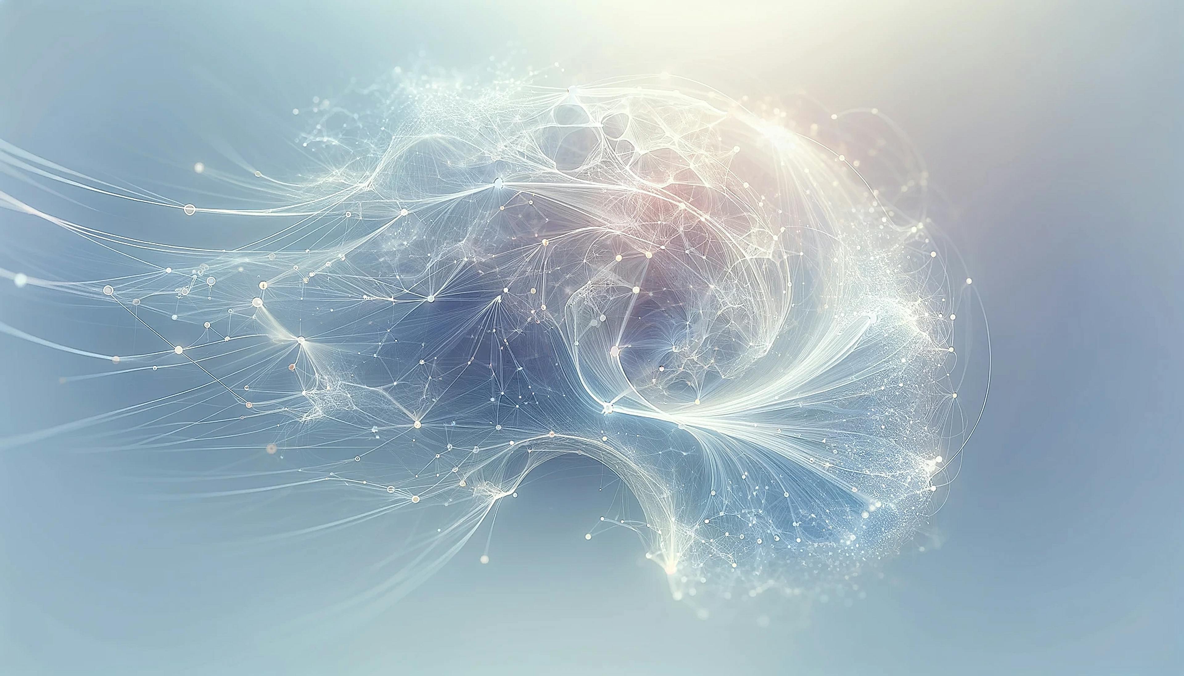 An ethereal abstract representation of artificial intelligence, featuring thin flowing lines and sparse nodes connected by faint paths